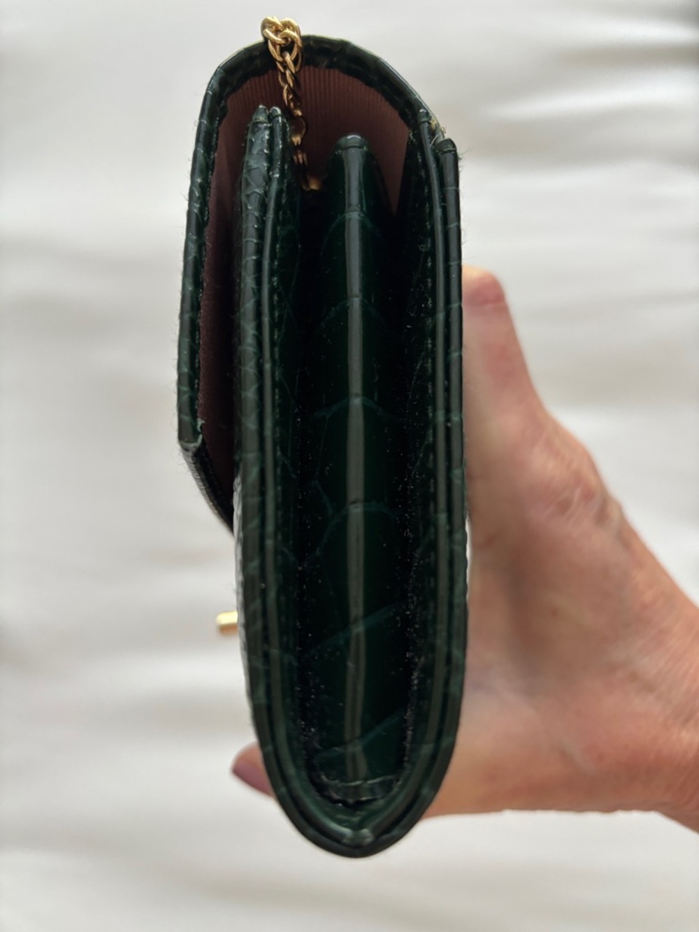 Aspinal of London Dark Green Croc-Embossed Chain clutch Bag - Picture 8 of 12